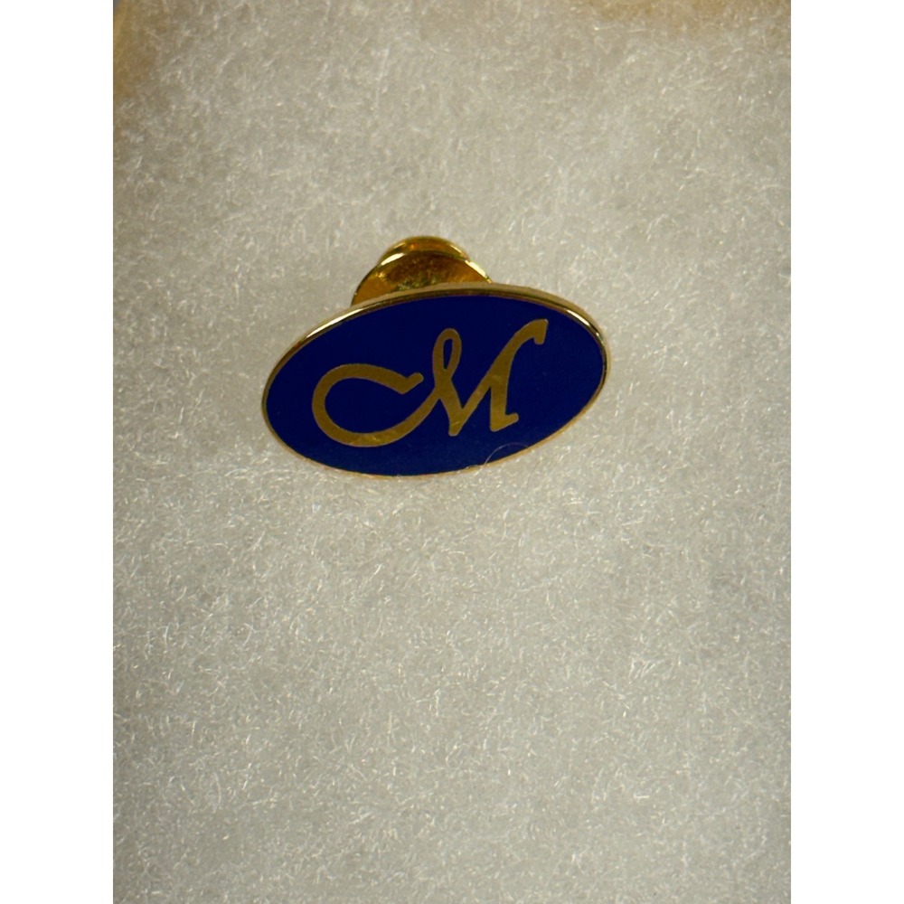 Vintage Blue Enamel Gold Tone Cursive Letter "M" Monogram Lapel Pin Tie Tack